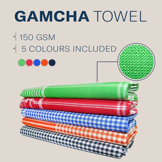Extra Large Gamcha Bath Towels | Indian Bengali Style | Cotton | Lightweight | Set of 5 | Green Red Blue Orange and Black - Desify