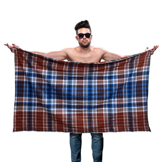 Men’s Sarong | Lungi | 100% Cotton | Unsewn | Brown & Blue - Desify